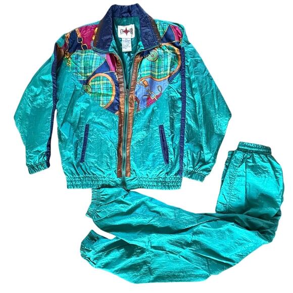 Vintage 80s Active Frontier Tracksuit Gold Turquoise Aqua Pink Women Windbreaker - Picture 3 of 9